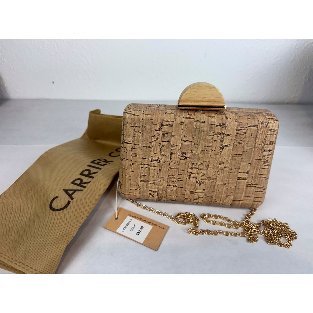Carrier Co. Cork Box Clutch Bag Natural Wood Clasp Gold Chain Strap NWT